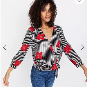 Black and white Madewell wrap-top with red flowers